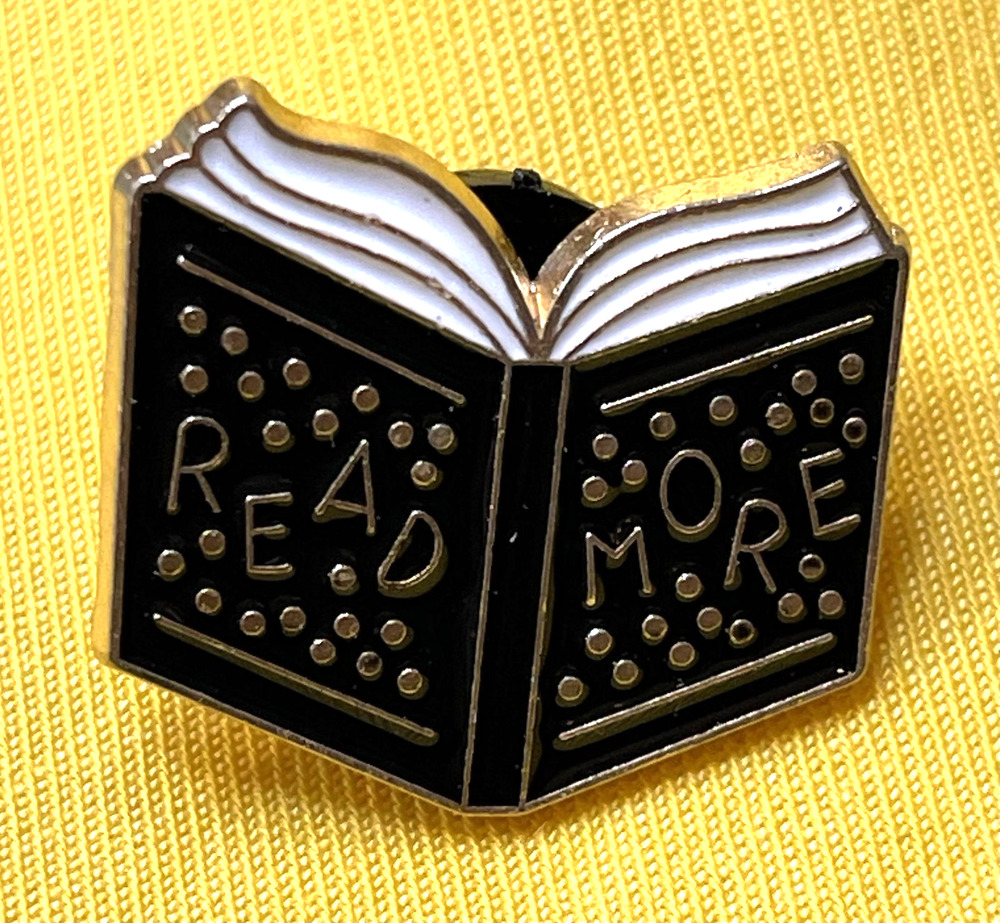 NWOT Read More Book Brooch Lapel Pin Enamel Black Gold Toned Reading Bookish